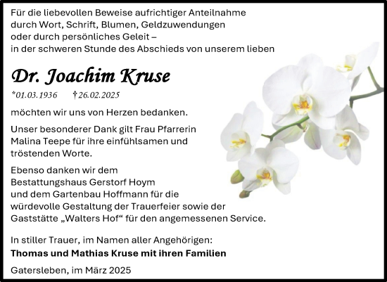Traueranzeige von Joachim Kruse von Trauerkombi Aschersleben