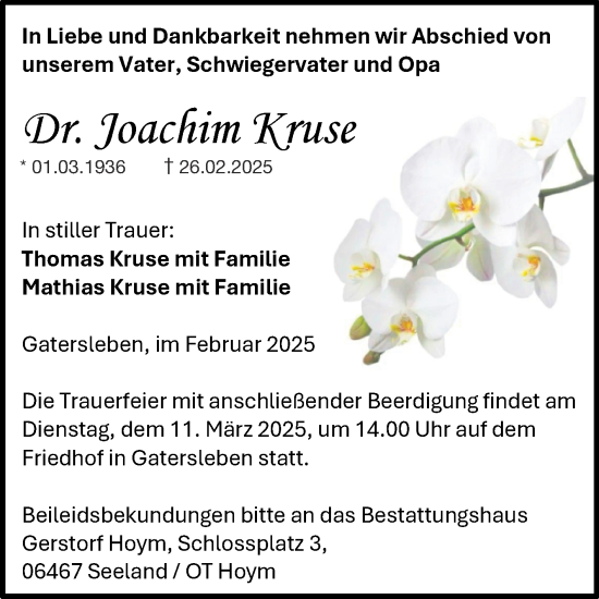 Traueranzeige von Joachim Kruse von Trauerkombi Aschersleben