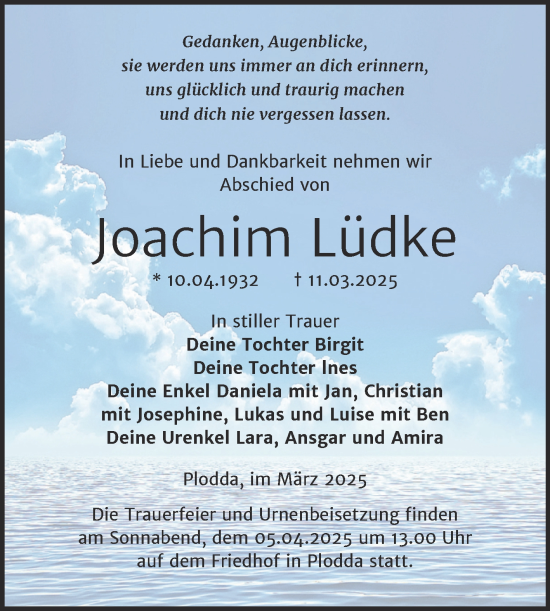 Traueranzeige von Joachim Lüdke von Trauerkombi Bitterfeld