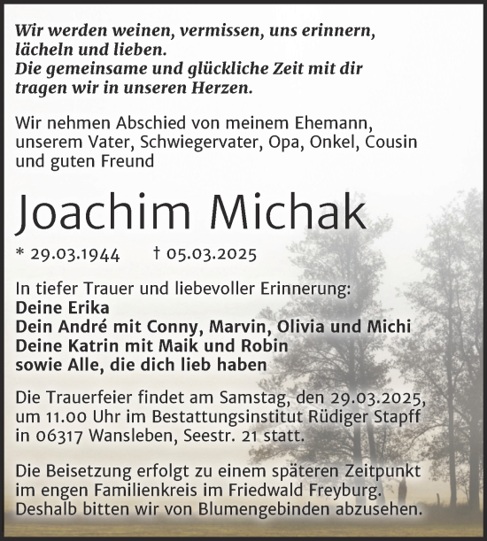 Traueranzeige von Joachim Michak von Trauerkombi Mansfelder Land