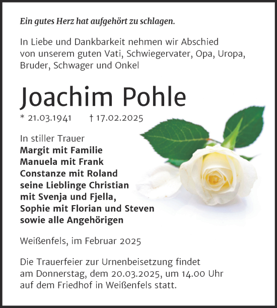Traueranzeige von Joachim Pohle von Trauerkombi Weißenfels