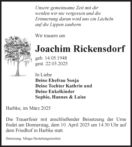 Traueranzeige von Joachim Rickensdorf 