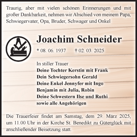 Traueranzeige von Joachim Schneider von Volksstimme Zerbst