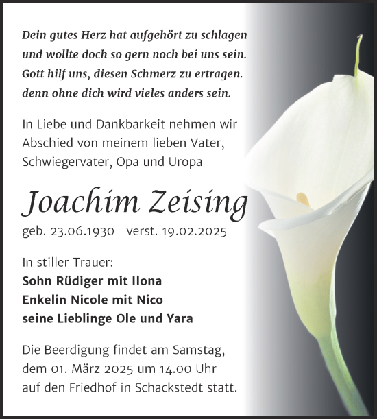 Traueranzeige von Joachim Zeising von Super Sonntag Aschersleben