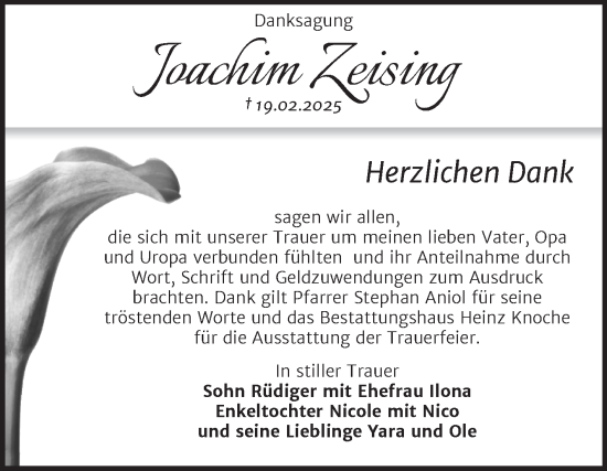 Traueranzeige von Joachim Zeising von Super Sonntag Aschersleben