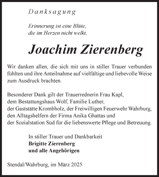 Traueranzeige von Joachim Zierenberg von Volksstimme Altmark Ost