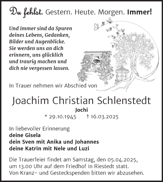 Traueranzeige von Joachim Christian Schlenstedt von Trauerkombi Sangerhausen