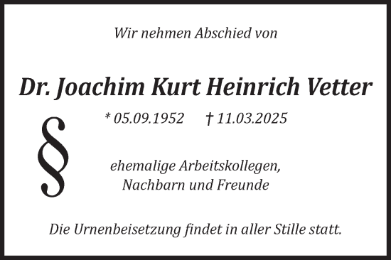 Traueranzeige von Joachim Kurt Heinrich Vetter von Volksstimme Magdeburg