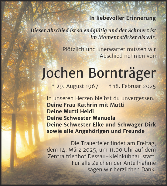 Traueranzeige von Jochen Bornträger von Trauerkombi Dessau