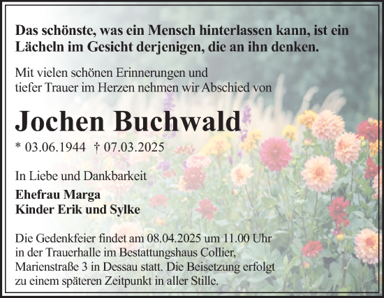 Traueranzeige von Jochen Buchwald von Trauerkombi Dessau