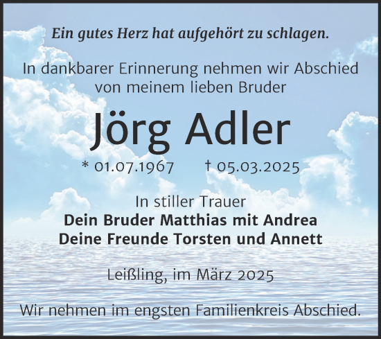 Traueranzeige von Jörg Adler von Trauerkombi Weißenfels