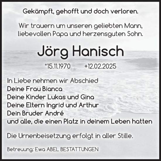 Traueranzeige von Jörg Hanisch von Volksstimme Magdeburg