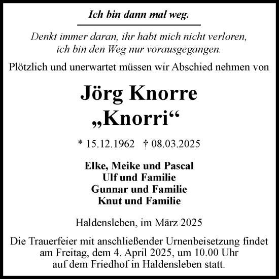 Traueranzeige von Jörg Knorre von Volksstimme Haldensleben/Wolmirstedt
