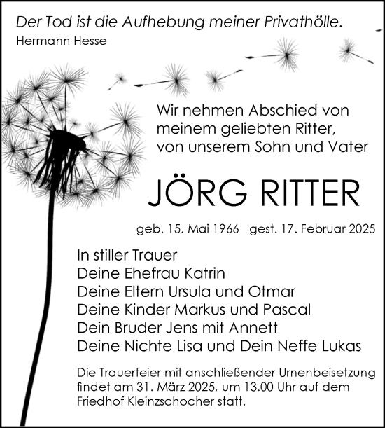 Traueranzeige von Jörg Ritter von Naumburger Tageblatt