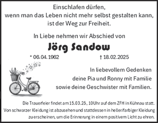 Traueranzeige von Jörg Sandow von Super Sonntag Dessau-Roßlau
