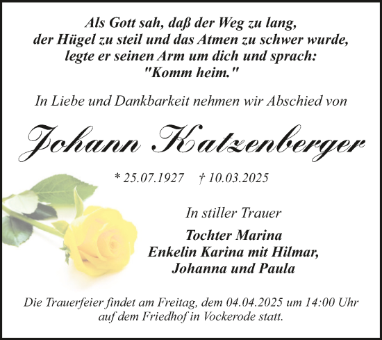 Traueranzeige von Johann Katzenberger von Trauerkombi Wittenberg