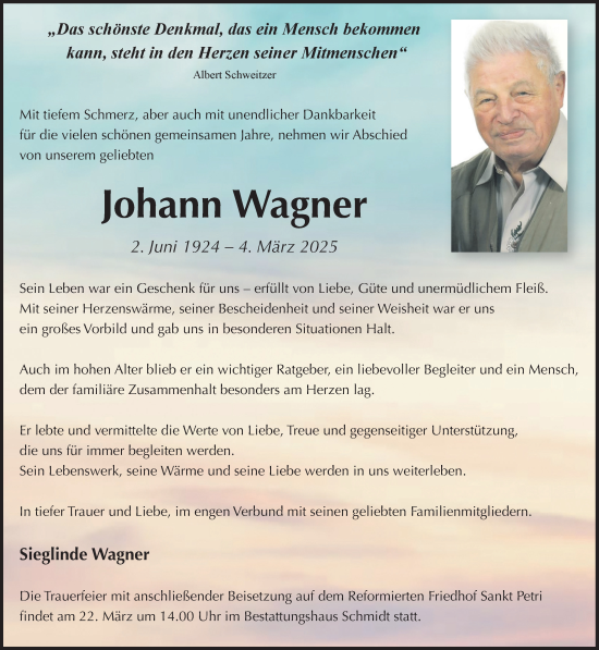 Traueranzeige von Johann Wagner von Volksstimme Burg/Genthin