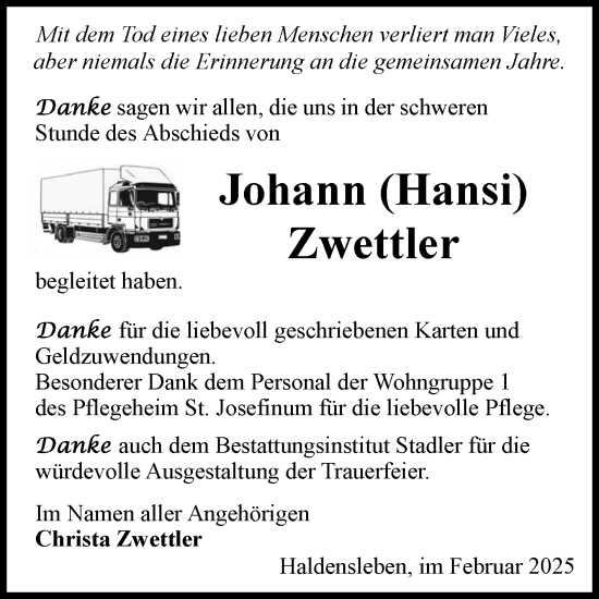 Traueranzeige von Johann  Zwettler von Volksstimme Haldensleben/Wolmirstedt
