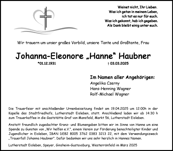 Traueranzeige von Johanna-Eleonore Haubner von Trauerkombi Mansfelder Land