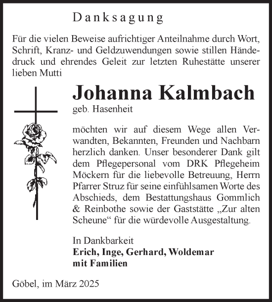 Traueranzeige von Johanna Kalmbach von Volksstimme Zerbst