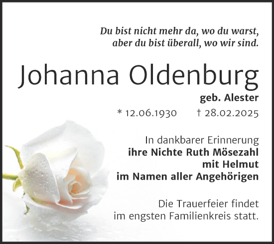 Traueranzeige von Johanna Oldenburg von Super Sonntag Naumburg/Nebra