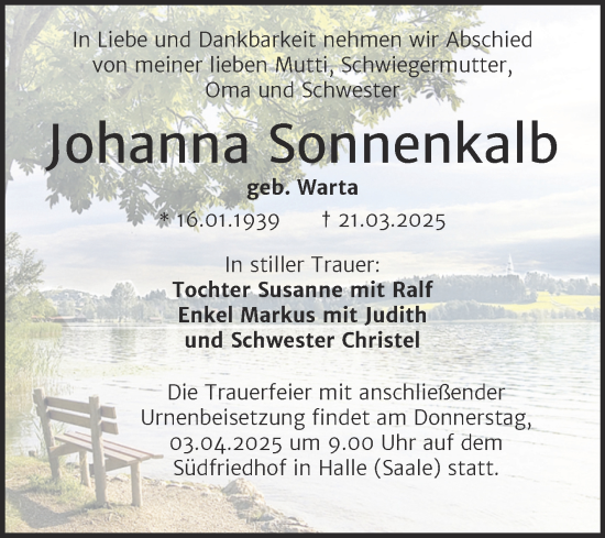 Traueranzeige von Johanna Sonnenkalb von Mitteldeutsche Zeitung Halle/Saalkreis
