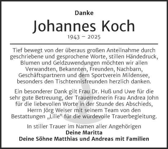 Traueranzeige von Johannes Koch von Trauerkombi Dessau