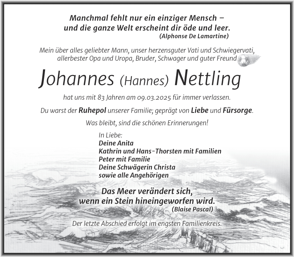  Traueranzeige für Johannes Nettling vom 21.03.2025 aus Trauerkombi Quedlinburg