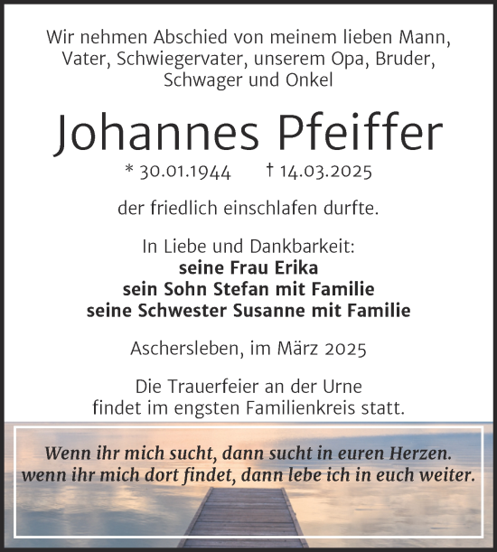 Traueranzeige von Johannes Pfeiffer von Trauerkombi Aschersleben