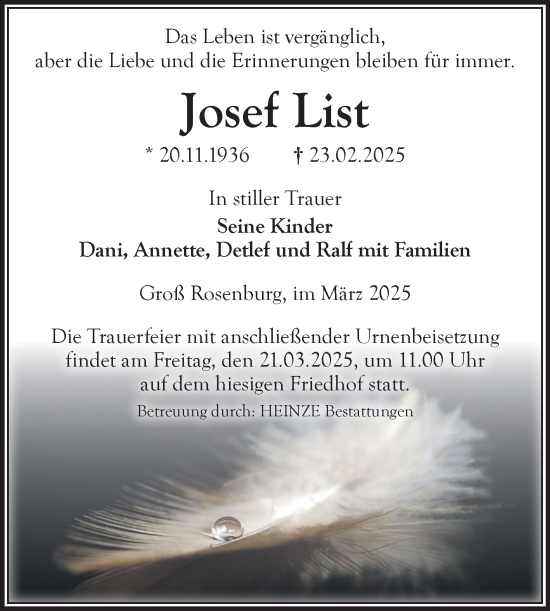 Traueranzeige von Josef List von Volksstimme Schönebeck
