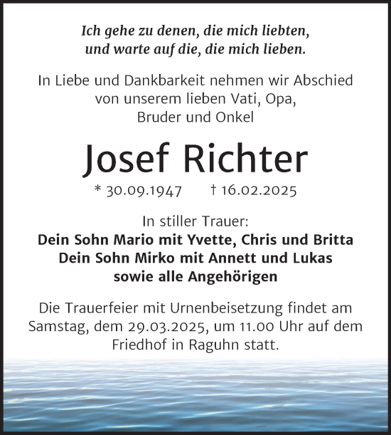 Traueranzeige von Josef Richter von Trauerkombi Bitterfeld