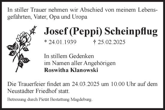 Traueranzeige von Josef Scheinpflug von Volksstimme Magdeburg
