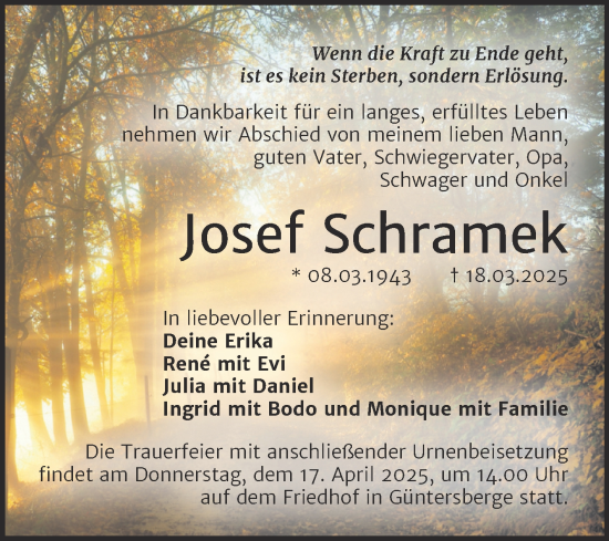 Traueranzeige von Josef Schramek von Trauerkombi Quedlinburg