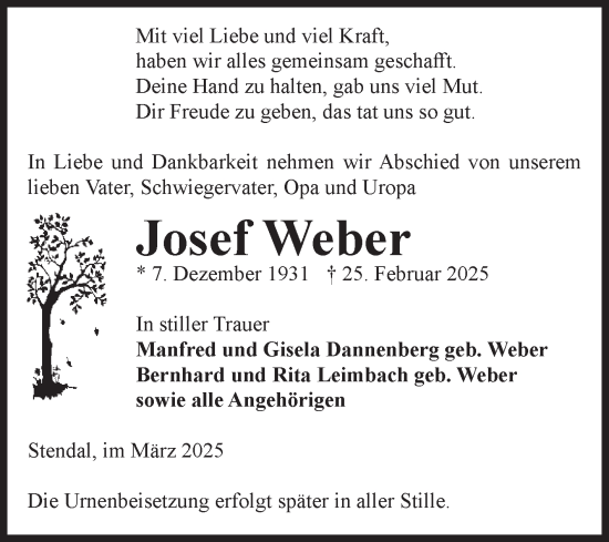 Traueranzeige von Josef Weber von Volksstimme Altmark Ost