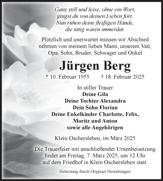 Traueranzeige von Jürgen Berg von Volksstimme Oschersleben/Wanzleben
