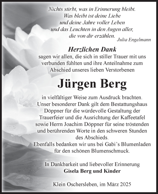 Traueranzeige von Jürgen Berg von Volksstimme Oschersleben/Wanzleben