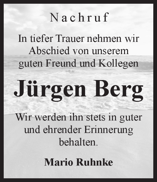 Traueranzeige von Jürgen Berg von Volksstimme Oschersleben/Wanzleben