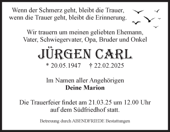 Traueranzeige von Jürgen Carl von Volksstimme Magdeburg