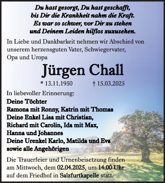 Traueranzeige von Jürgen Chall von Trauerkombi Bitterfeld