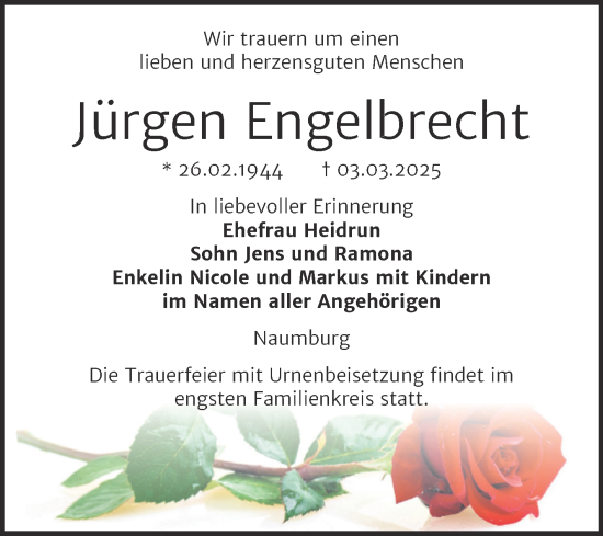 Traueranzeige von Jürgen Engelbrecht von Naumburger Tageblatt
