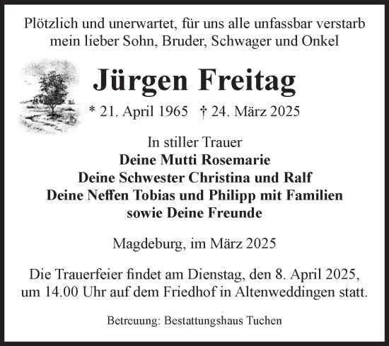 Traueranzeige von Jürgen Freitag von Volksstimme Oschersleben/Wanzleben