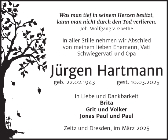 Traueranzeige von Jürgen Hartmann von Trauerkombi Zeitz