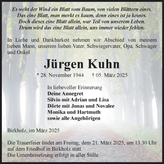 Traueranzeige von Jürgen Kuhn von Volksstimme Altmark Ost