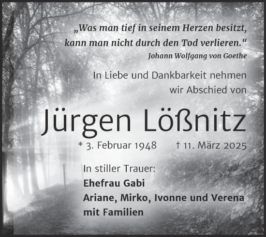Traueranzeige von Jürgen Lößnitz von Mitteldeutsche Zeitung Halle/Saalkreis