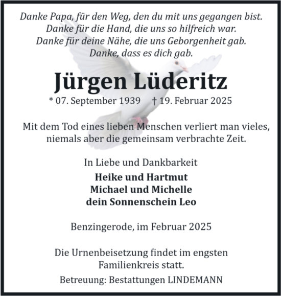 Traueranzeige von Jürgen Lüderitz von Volksstimme Wernigerode