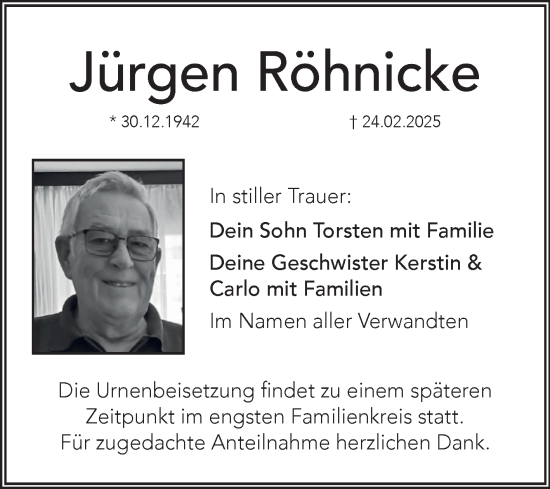 Traueranzeige von Jürgen Röhnicke von Mitteldeutsche Zeitung Bitterfeld