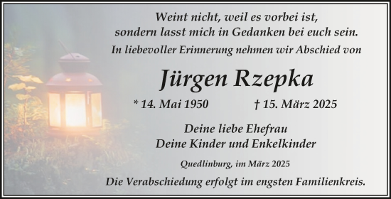 Traueranzeige von Jürgen Rzepka von Trauerkombi Quedlinburg