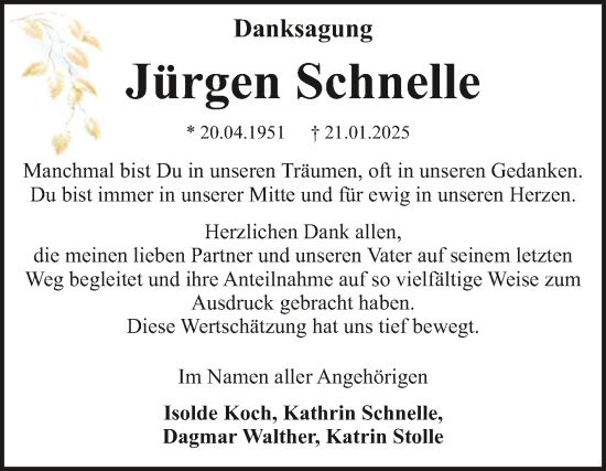 Traueranzeige von Jürgen Schnelle von Trauerkombi Dessau