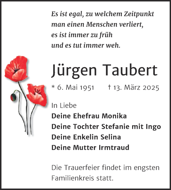 Traueranzeige von Jürgen Taubert von Trauerkombi Weißenfels