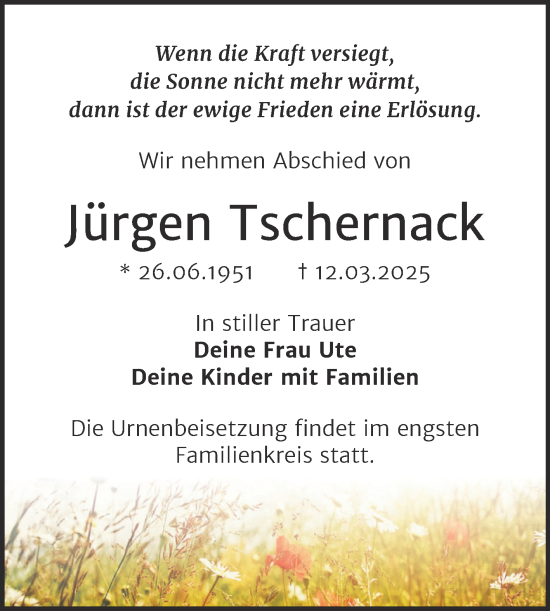 Traueranzeige von Jürgen Tschernack von Trauerkombi Köthen